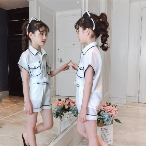 女童套装夏 2019新款韩版儿童中大童夏季无袖短款 潮童装两件套洋气