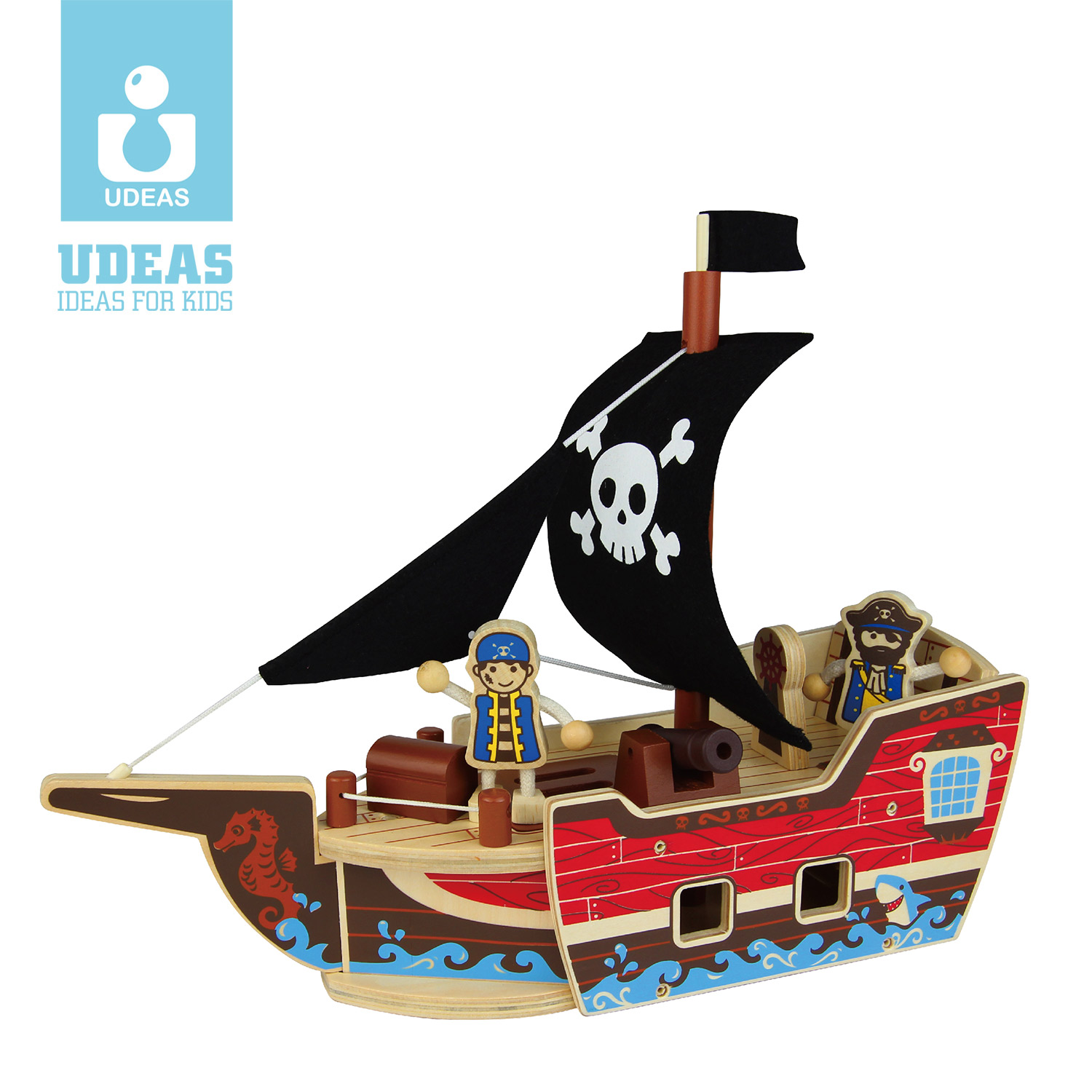 qpack木制拼装海盗船模型3-6周岁男女孩早教积木玩具