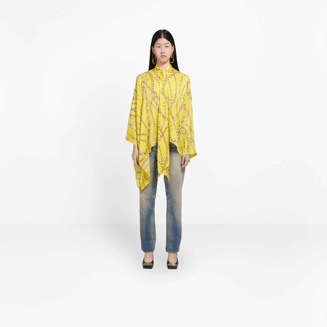巴黎世家/Balenciaga 黄色Chains Typo提花真丝垂褶短上衣
