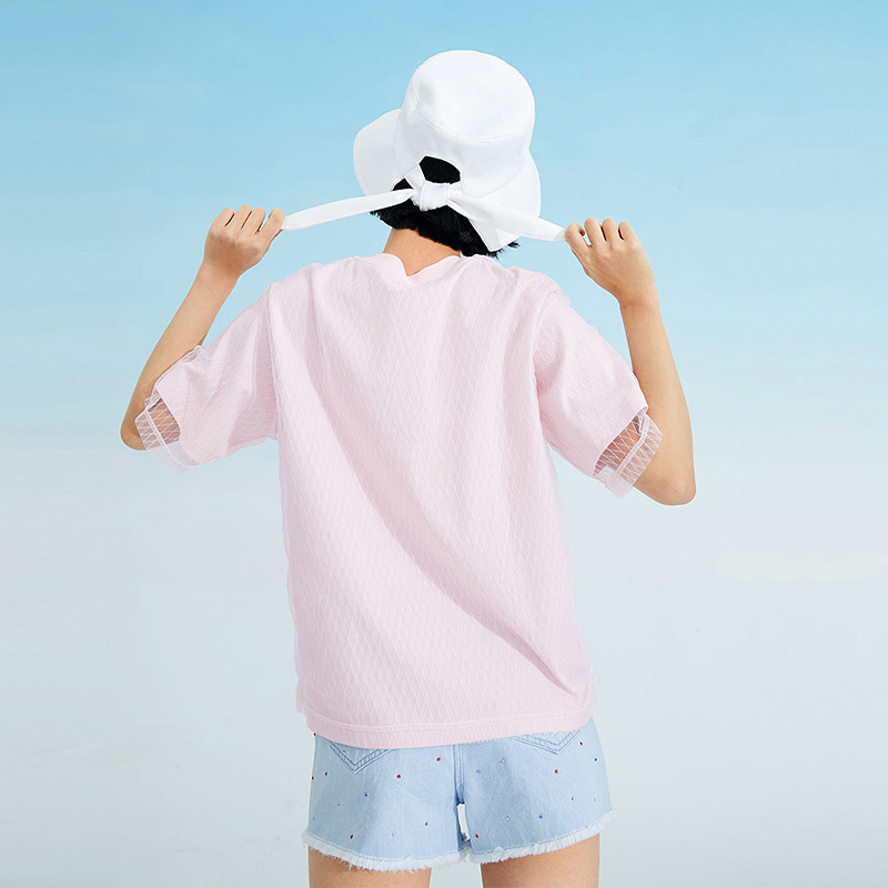 太平鸟蕾丝短袖T恤女粉色2019夏装新款蕾丝上衣女时尚刺绣衣服女