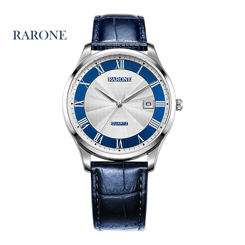 雷诺（RARONE）男士手表休闲时尚腕表日历防水皮带石英男表蓝面白字