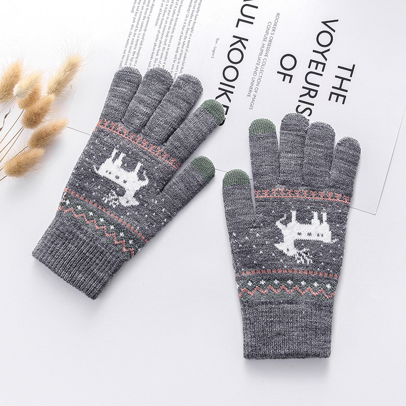 【优品汇】手套女冬季触屏双层保暖加绒加厚学生针织毛线小鹿手套 K20