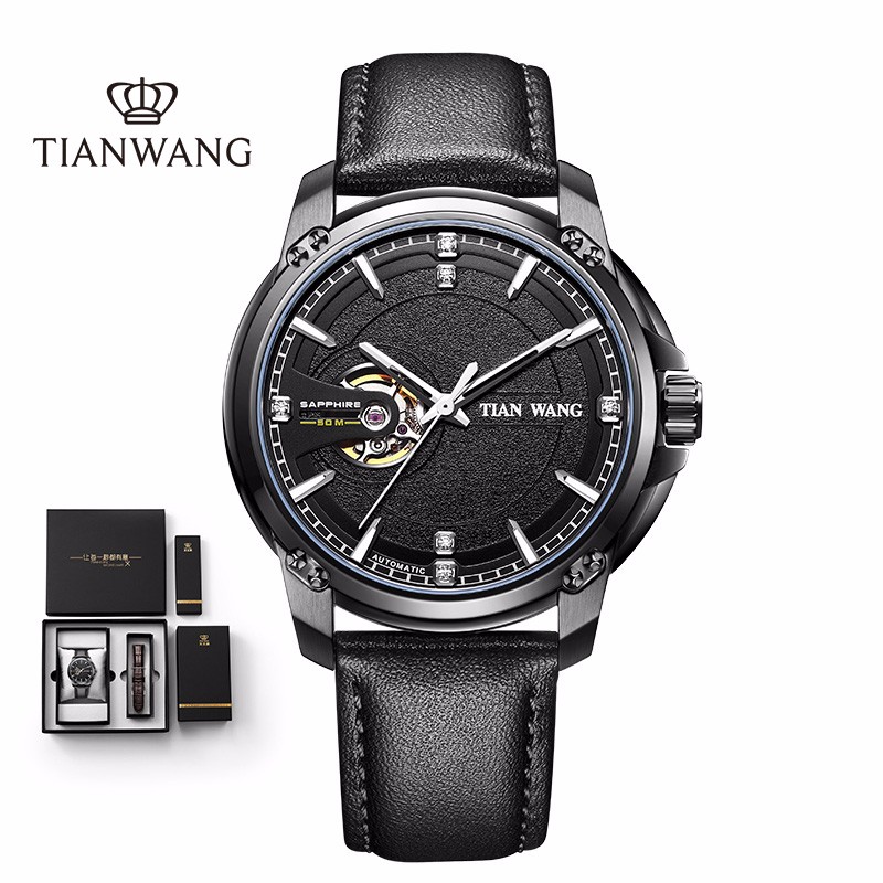 天王表（TIAN WANG）手表2019新品真皮表带男士手表镂空机械皮带手表 白面玫瑰金圈棕色皮带
