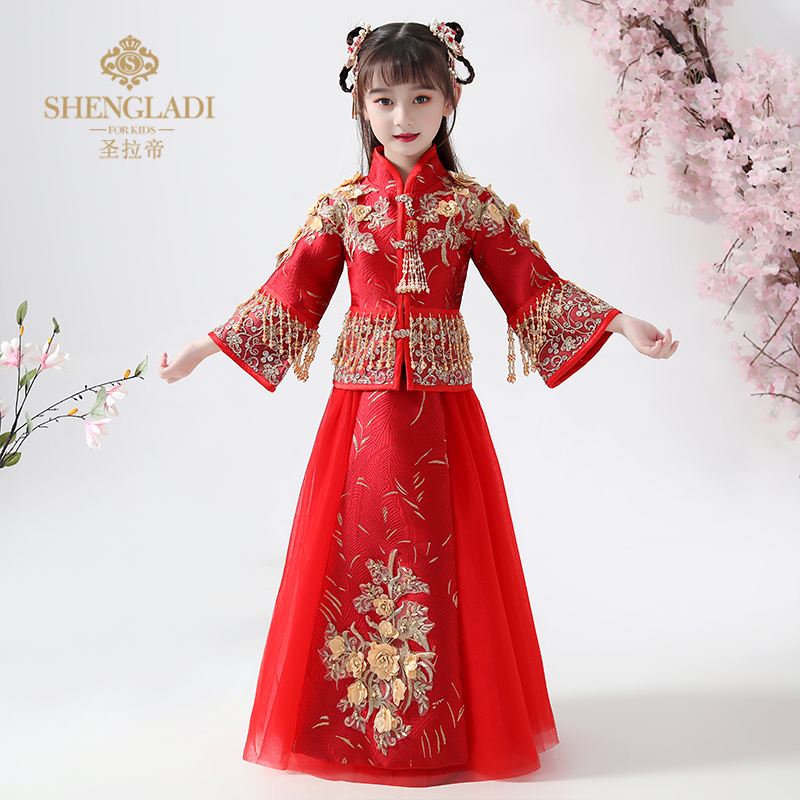 汉服女童中国风唐装古装儿童秀禾服拜年服红色加厚过年冬装