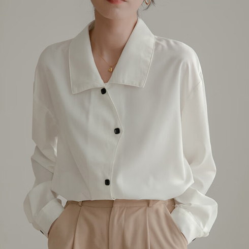 初申长袖衬衫女小众设计感气质翻领休闲白衬衣上衣S136C2801